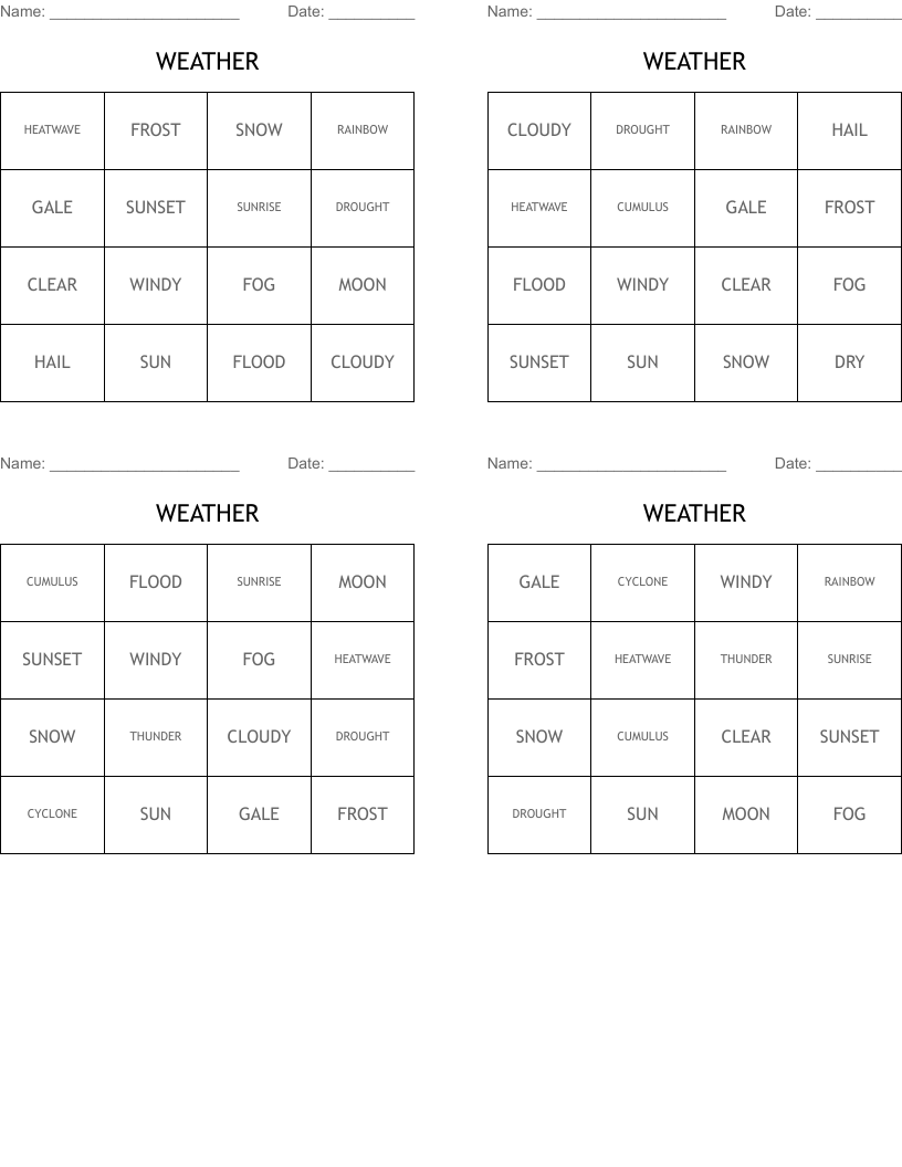 WEATHER Bingo Cards