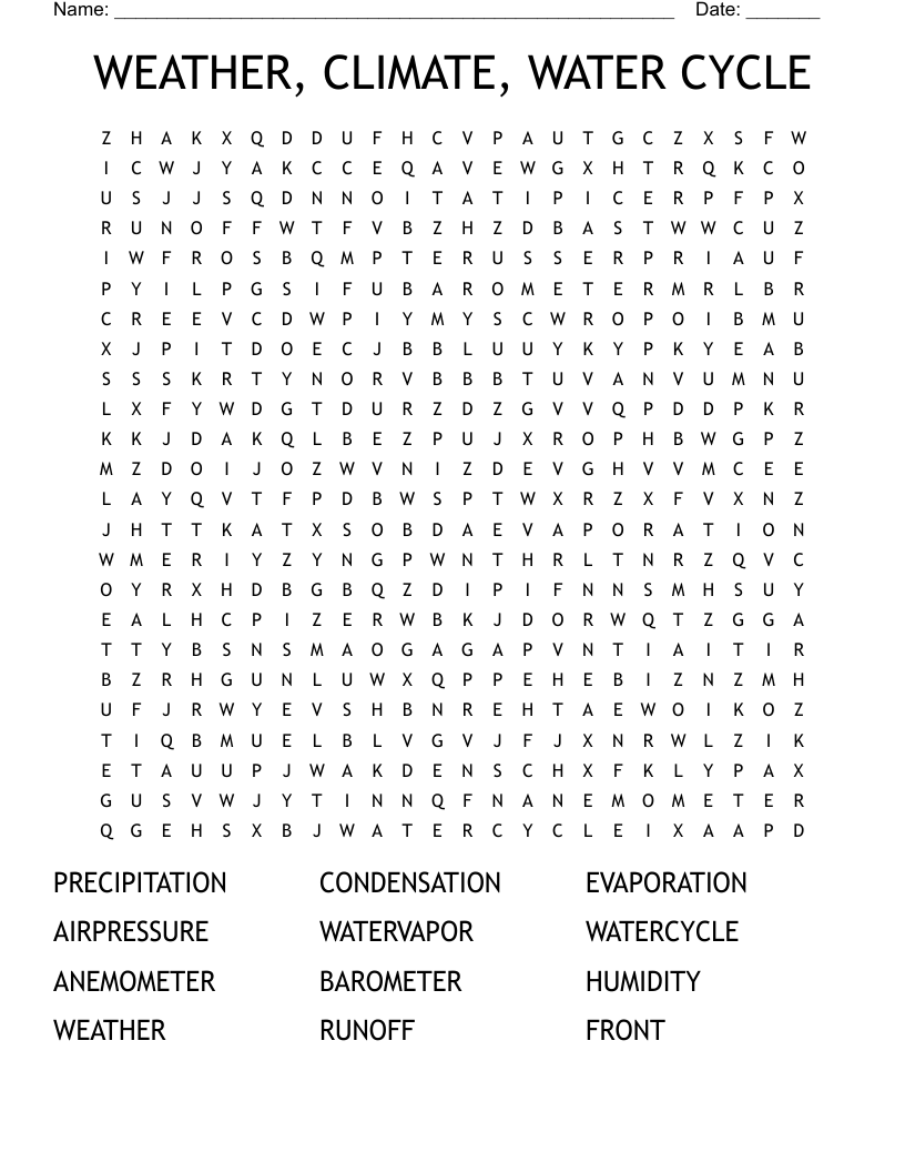 WEATHER, CLIMATE, WATER CYCLE Word Search