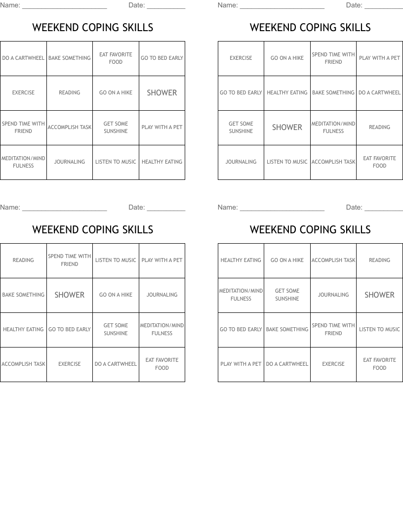 WEEKEND COPING SKILLS Bingo Cards