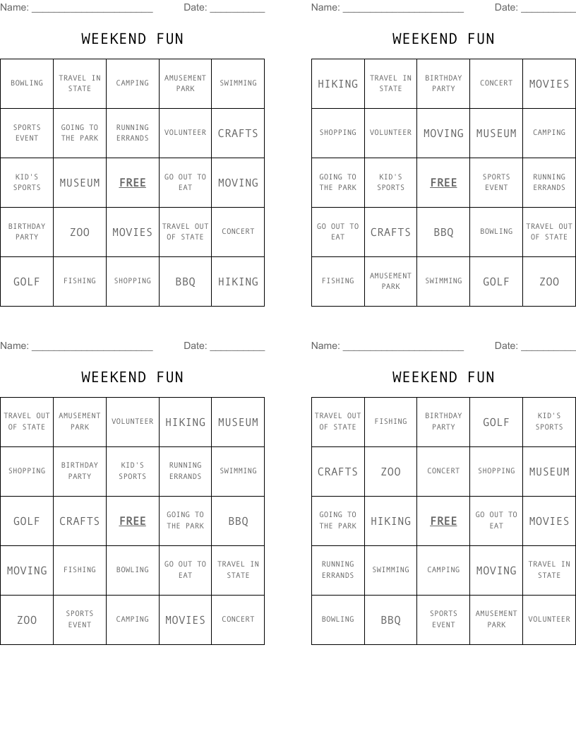 WEEKEND FUN Bingo Cards