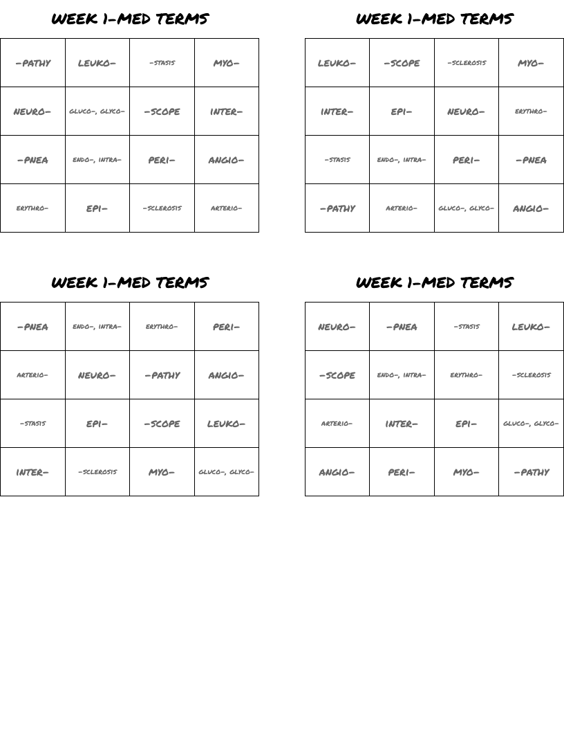 WEEK 1-MED TERMS Bingo Cards