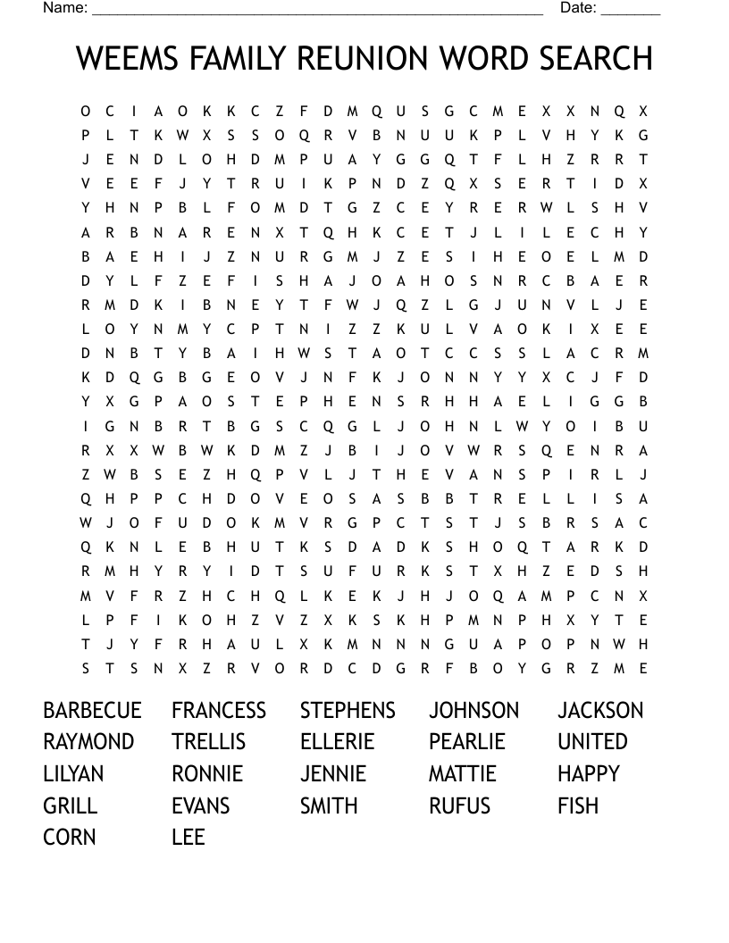 WEEMS FAMILY REUNION WORD SEARCH
