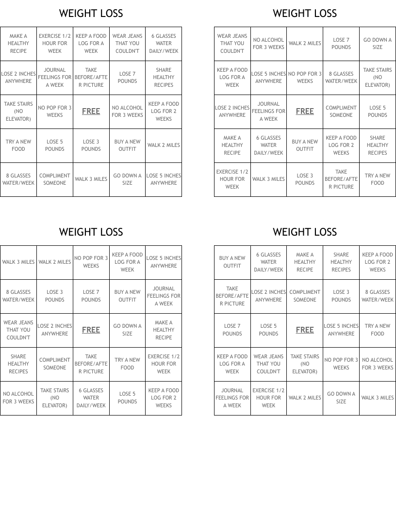 WEIGHT LOSS Bingo Cards