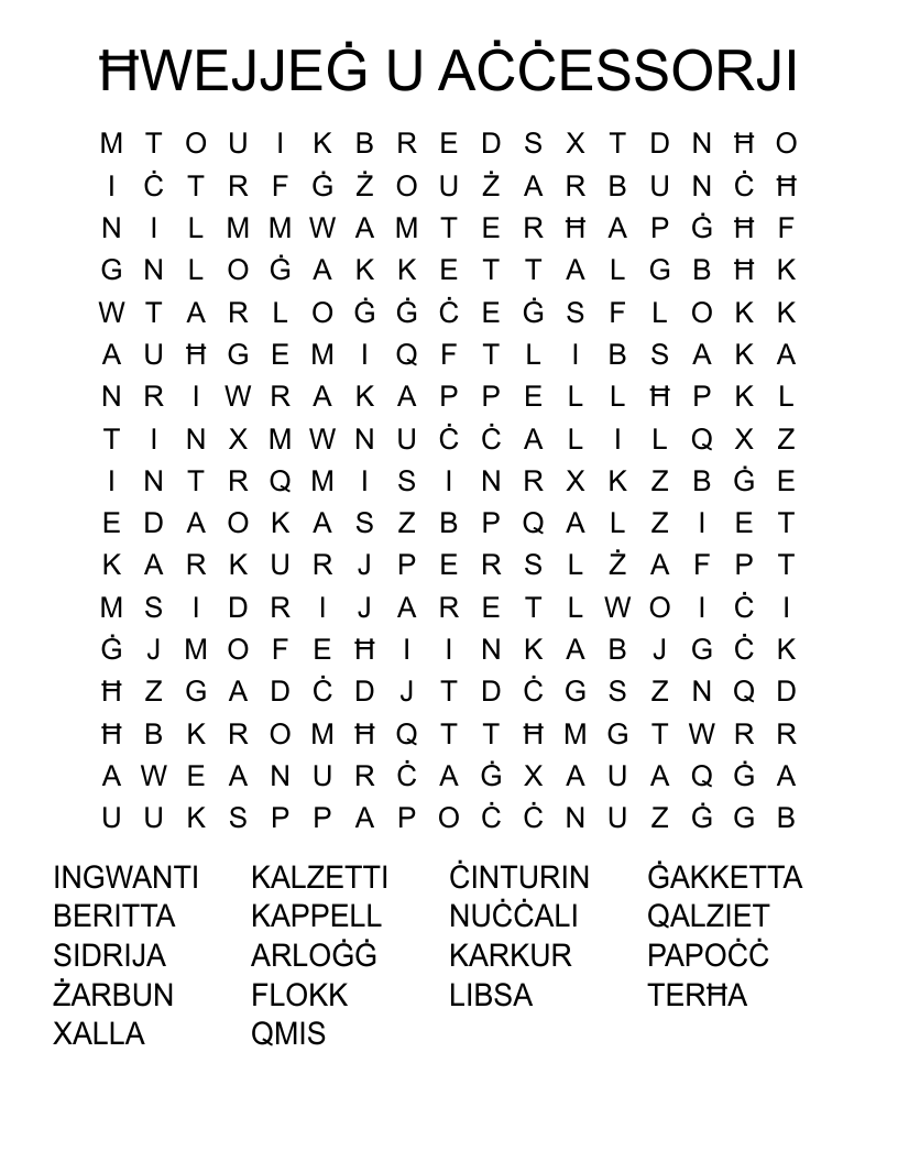 ĦWEJJEĠ U AĊĊESSORJI Word Search
