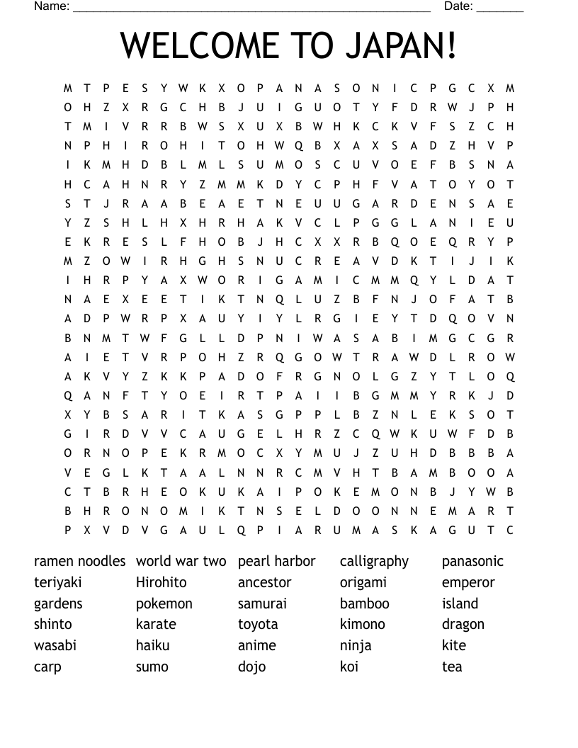 WELCOME TO JAPAN! Word Search