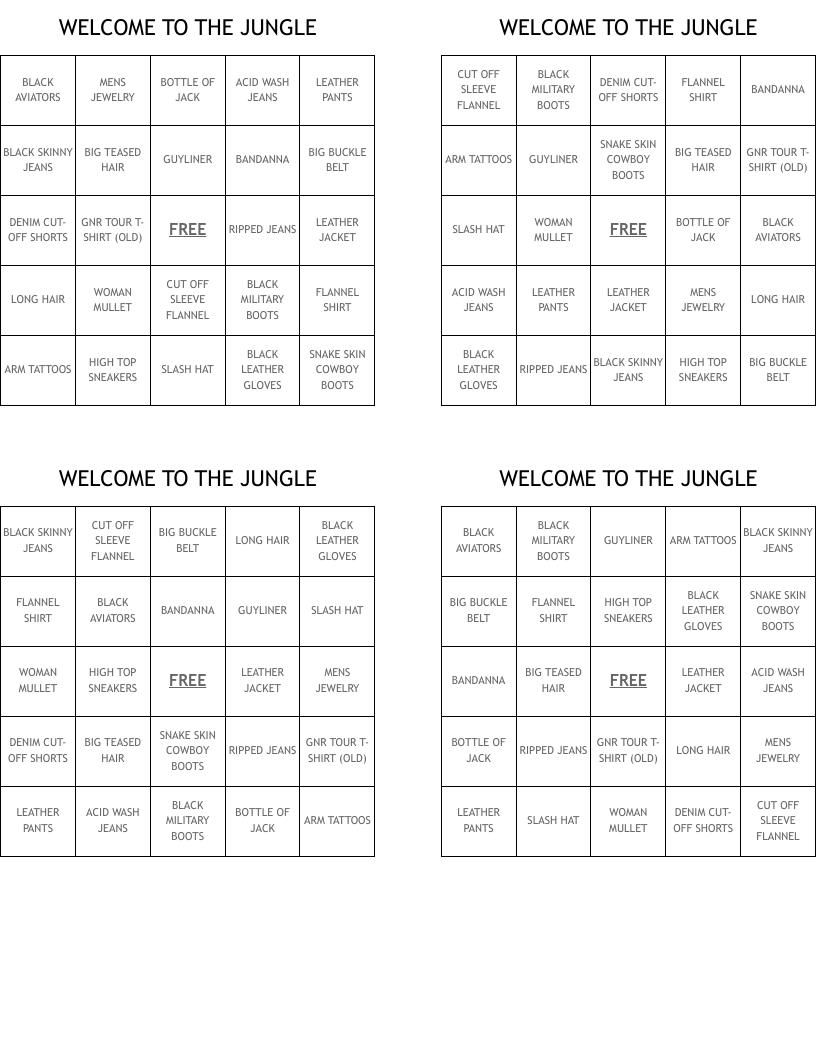 WELCOME TO THE JUNGLE Bingo Cards