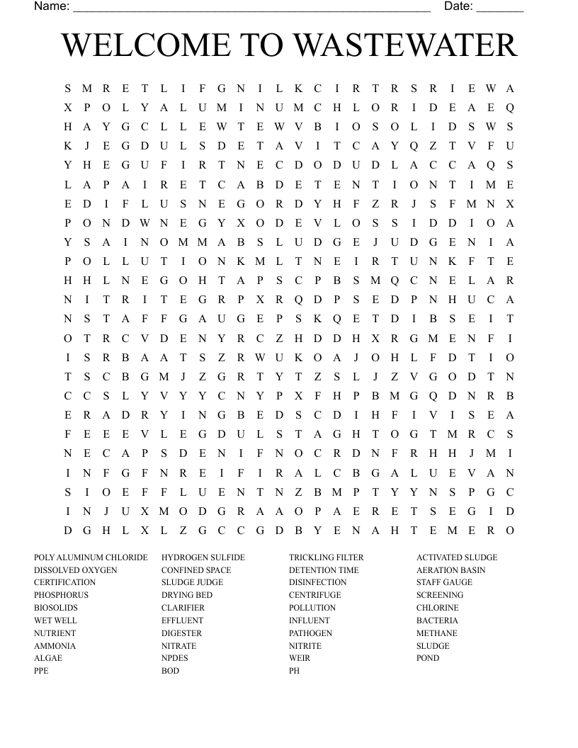 WELCOME TO WASTEWATER Word Search
