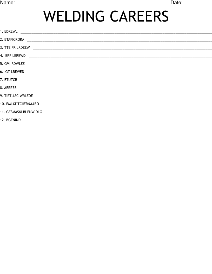 WELDING CAREERS Word Scramble