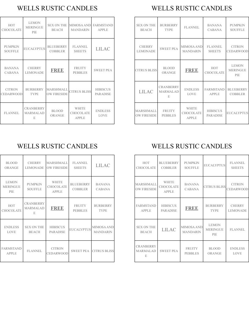 WELLS RUSTIC CANDLES  Bingo Cards