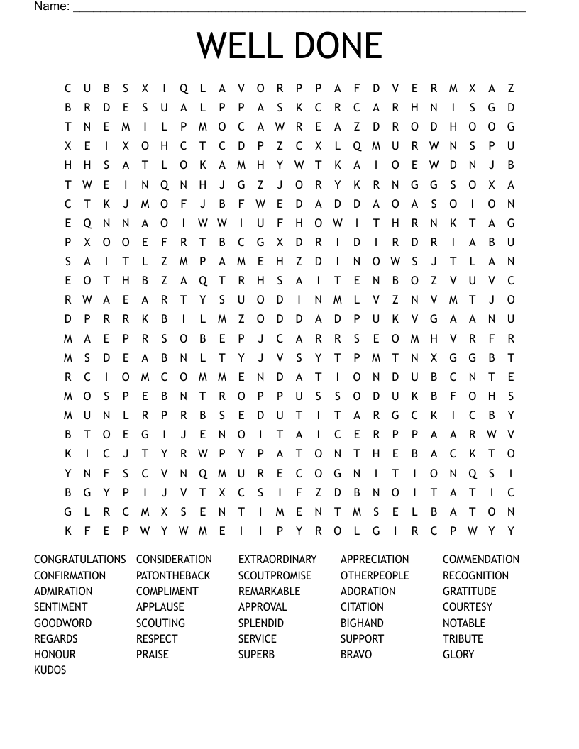 WELL DONE Word Search