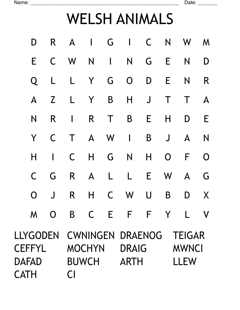 WELSH ANIMALS Word Search