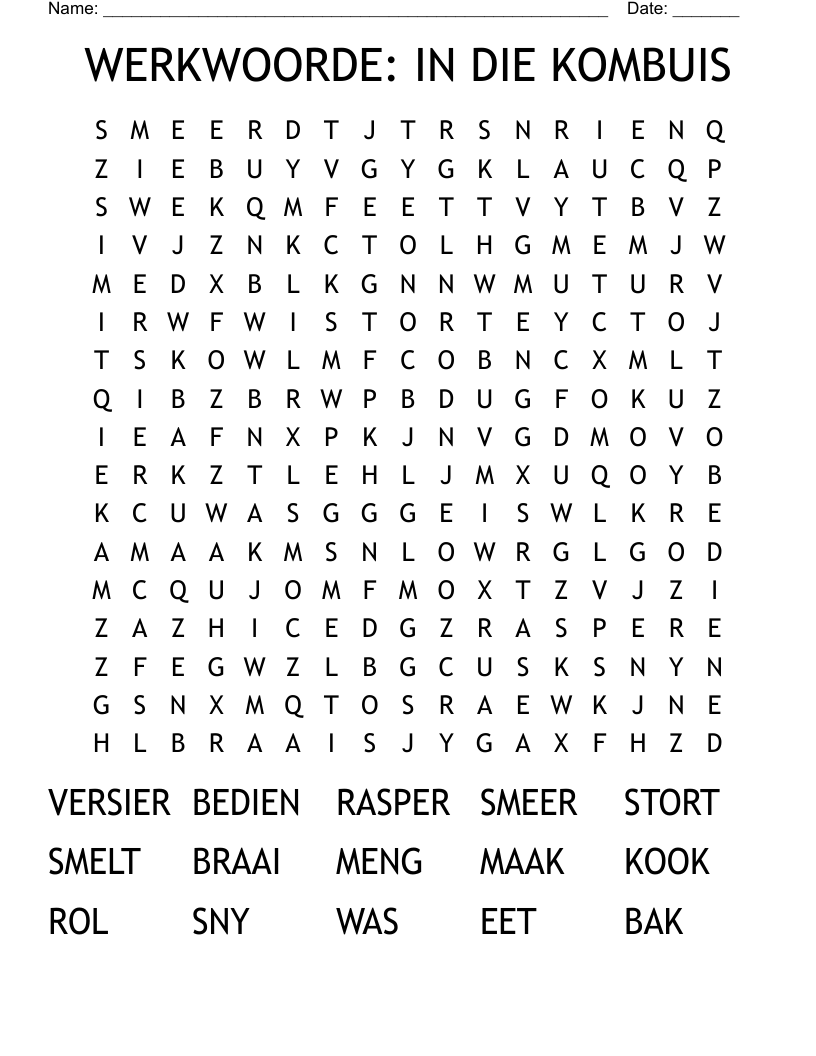 WERKWOORDE: IN DIE KOMBUIS Word Search