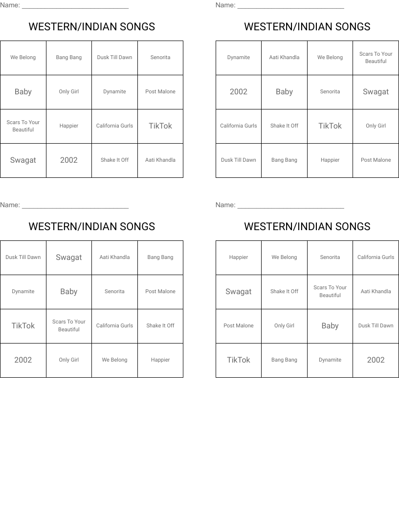 WESTERN/INDIAN SONGS Bingo Cards