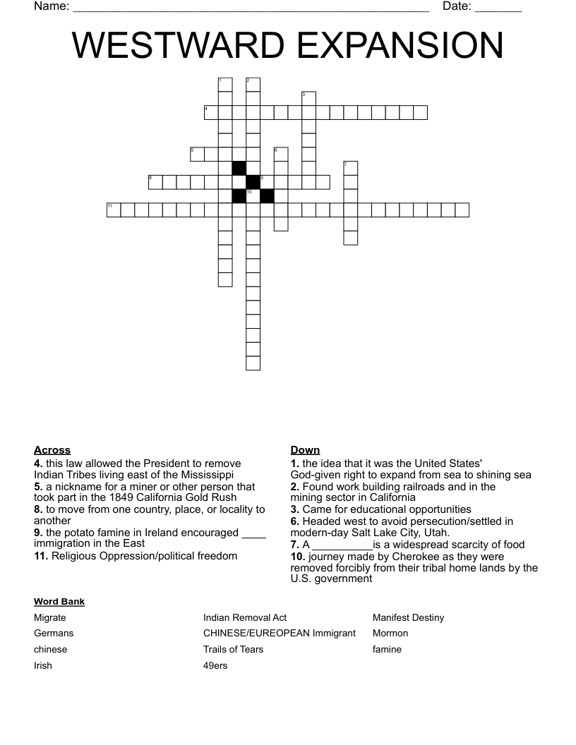 WESTWARD EXPANSION Crossword