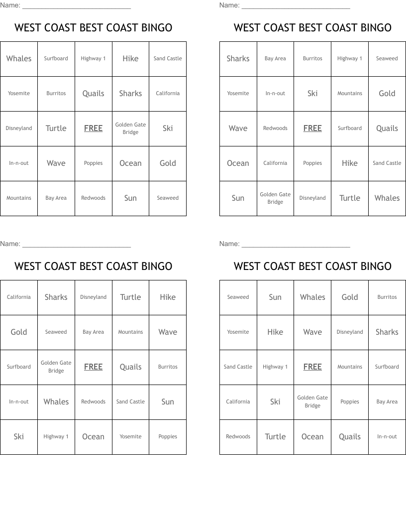WEST COAST BEST COAST BINGO