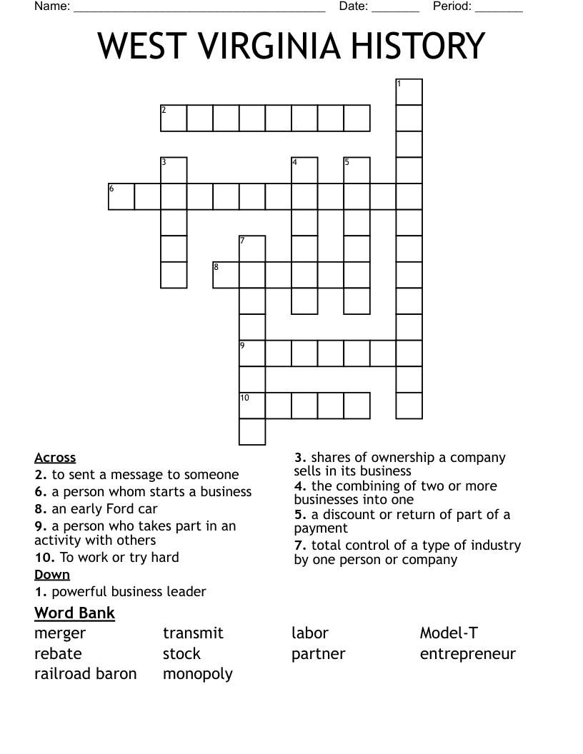 WEST VIRGINIA HISTORY Crossword