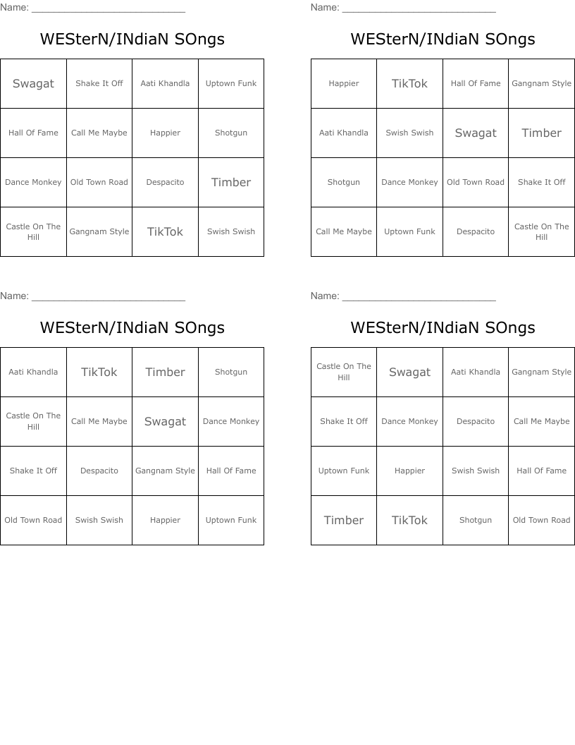 WESterN/INdiaN SOngs Bingo Cards
