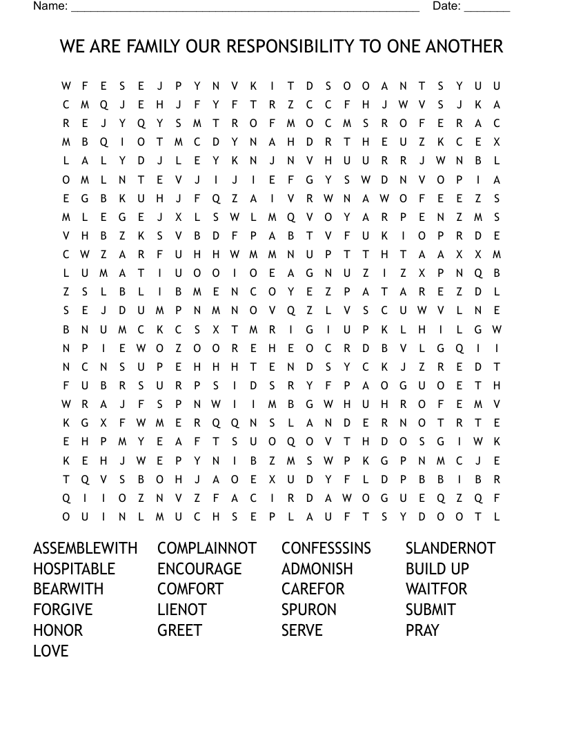 WE ARE FAMILY OUR RESPONSIBILITY TO ONE ANOTHER Word Search