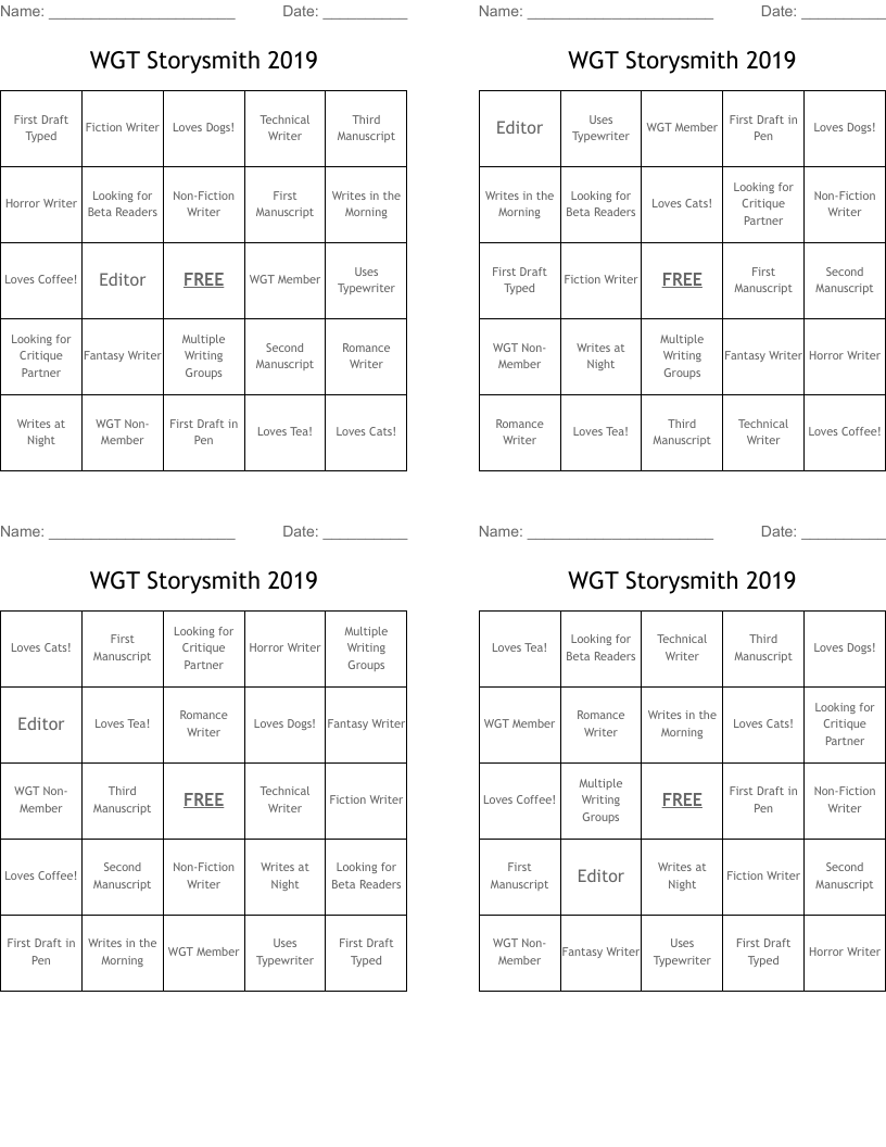 WGT Storysmith 2019 Bingo Cards