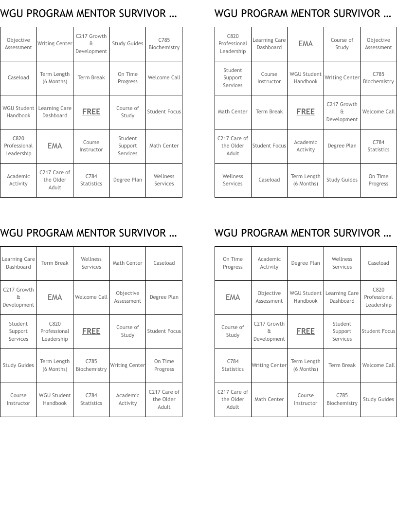 WGU PROGRAM MENTOR SURVIVOR GAME Bingo Cards