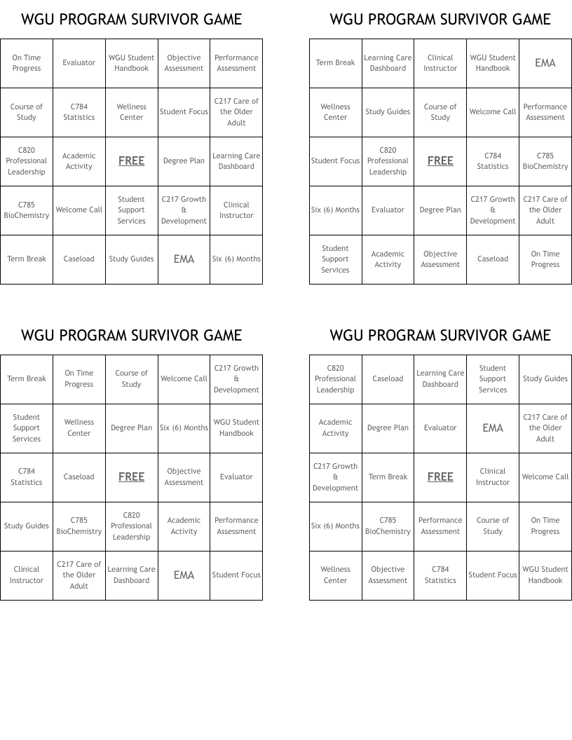 WGU PROGRAM SURVIVOR GAME Bingo Cards