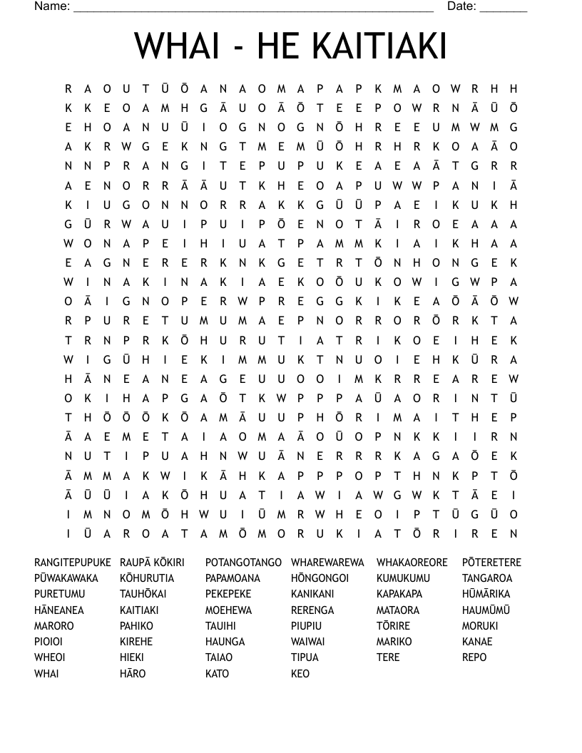 WHAI - HE KAITIAKI Word Search