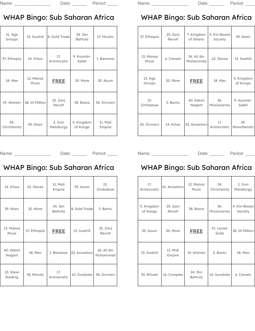 WHAP Bingo: Sub Saharan Africa