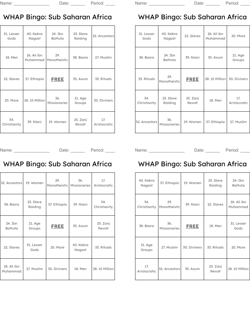 WHAP Bingo: Sub Saharan Africa