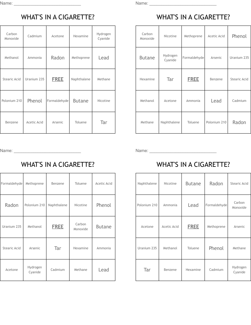 WHAT'S IN A CIGARETTE? Bingo Cards