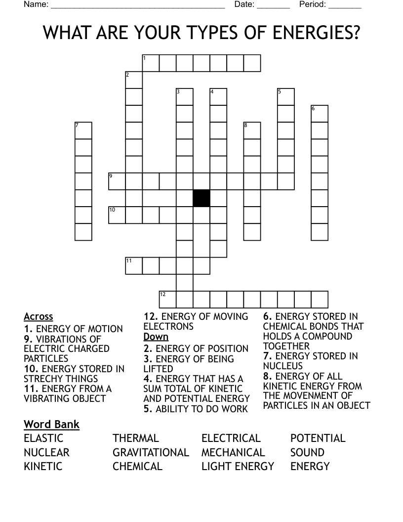 WHAT ARE YOUR TYPES OF ENERGIES? Crossword