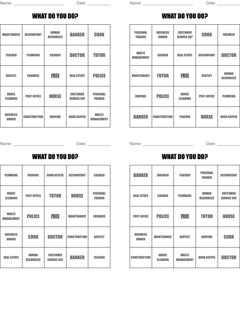 WHAT DO YOU DO? Bingo Cards