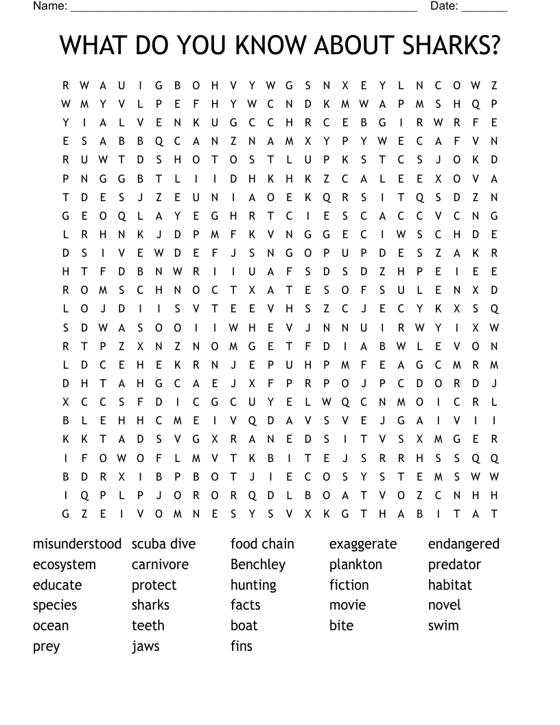 WHAT DO YOU KNOW ABOUT SHARKS? Word Search