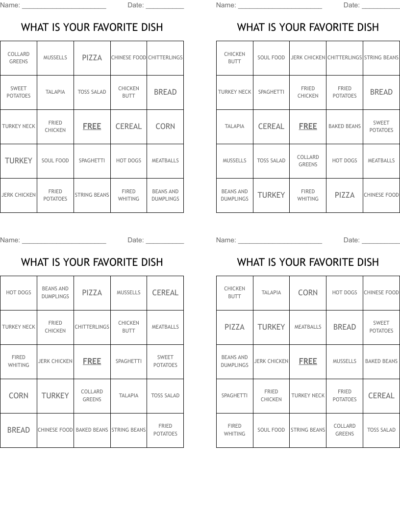 WHAT IS YOUR FAVORITE DISH Bingo Cards