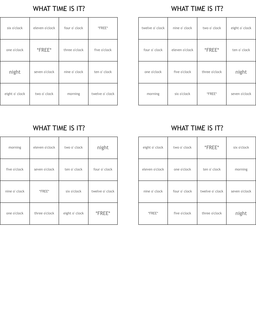 WHAT TIME IS IT? Bingo Cards