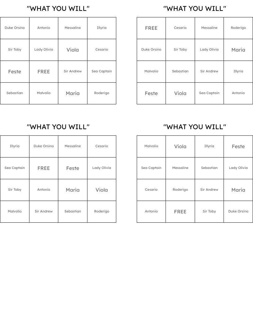 "WHAT YOU WILL" Bingo Cards