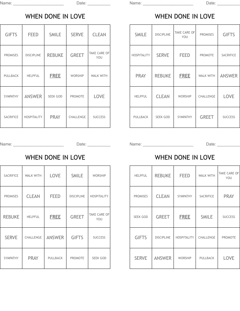 WHEN DONE IN LOVE Bingo Cards