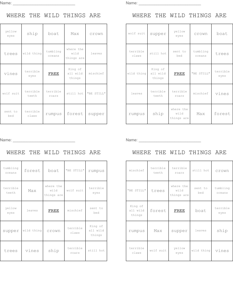 WHERE THE WILD THINGS ARE Bingo Cards