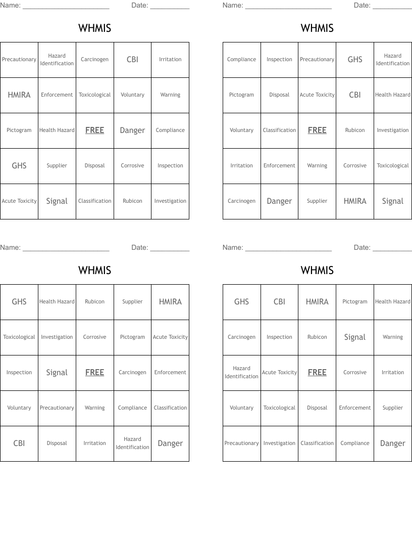 WHMIS Bingo Cards