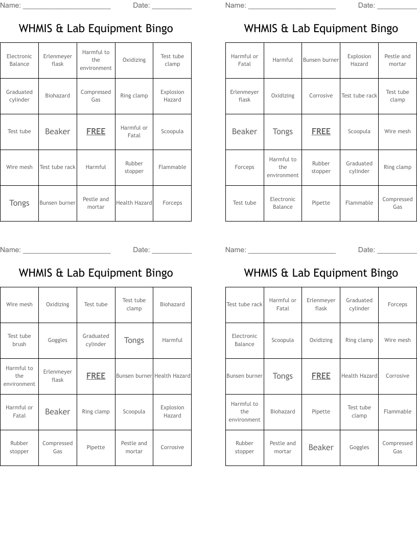WHMIS & Lab Equipment Bingo
