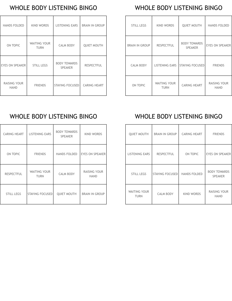 WHOLE BODY LISTENING BINGO