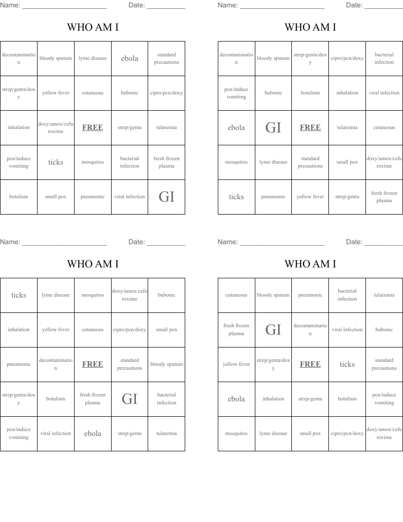 WHO AM I Bingo Cards