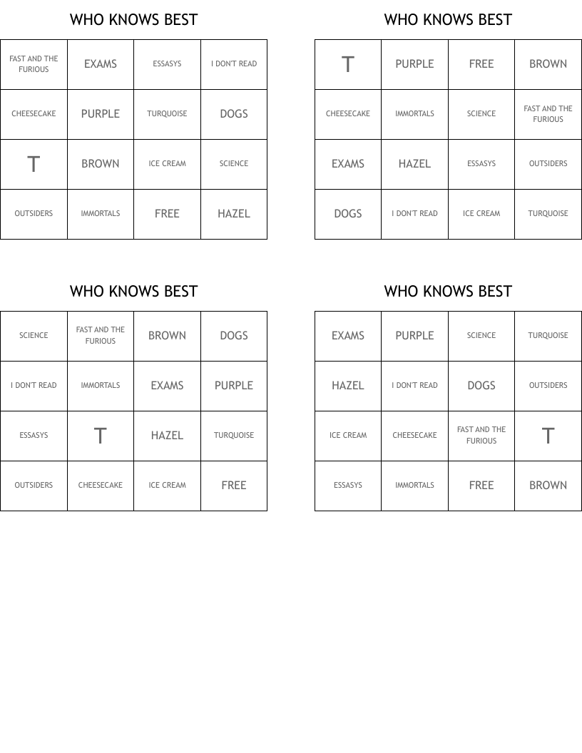 WHO KNOWS BEST Bingo Cards