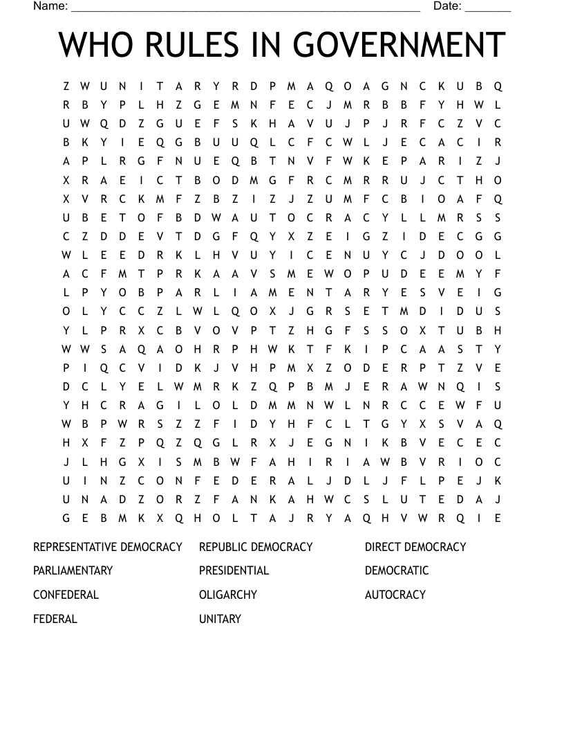 WHO RULES IN GOVERNMENT Word Search