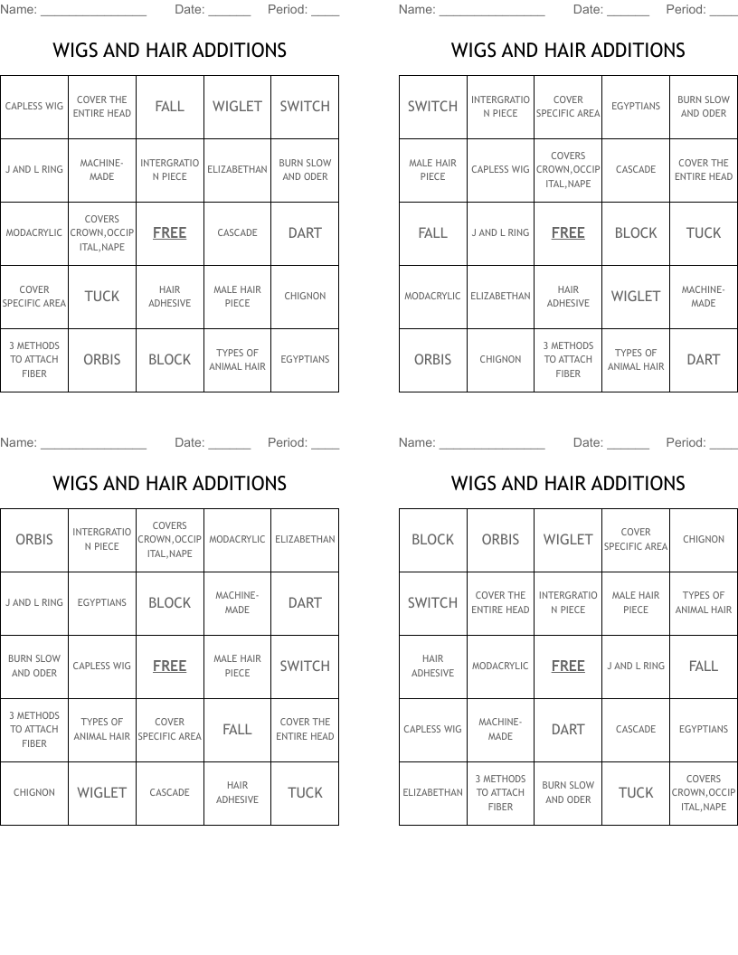 WIGS AND HAIR ADDITIONS Bingo Cards