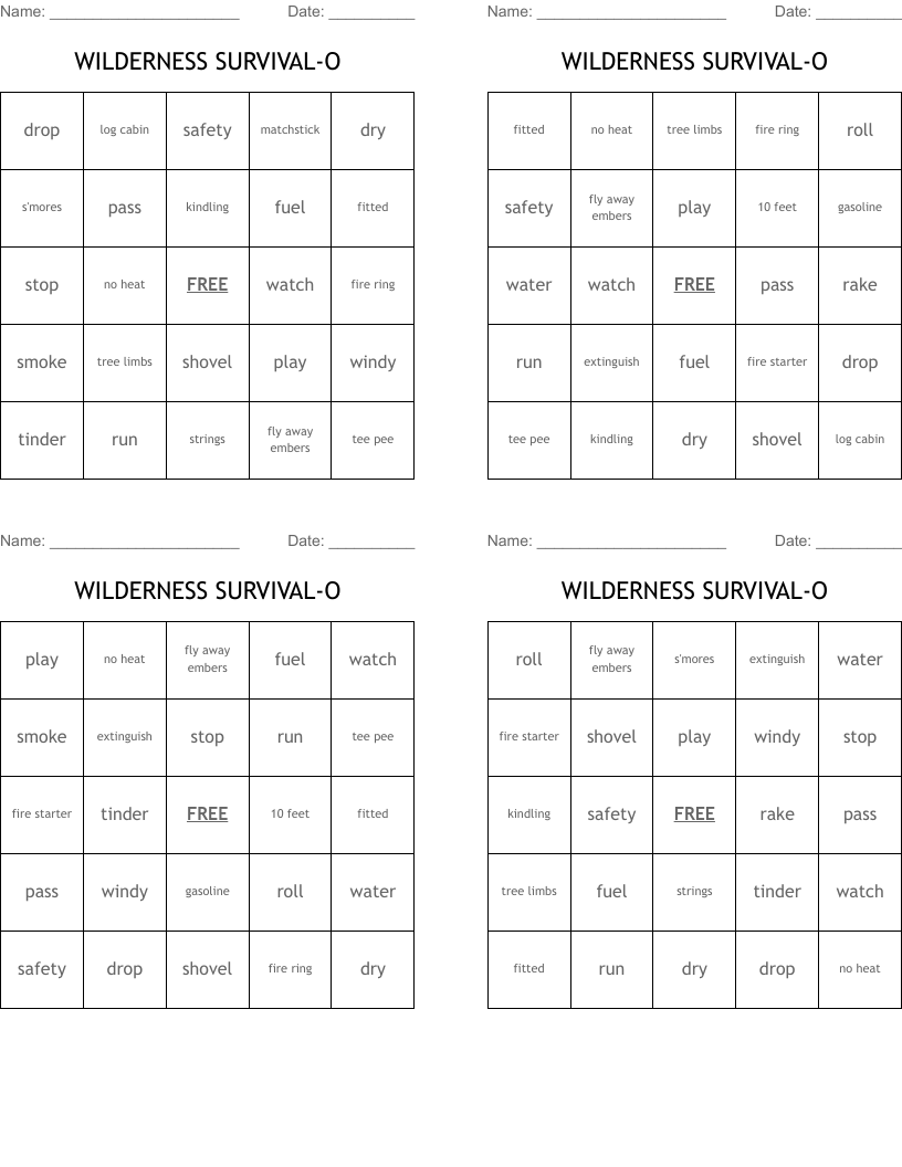 WILDERNESS SURVIVAL-O Bingo Cards