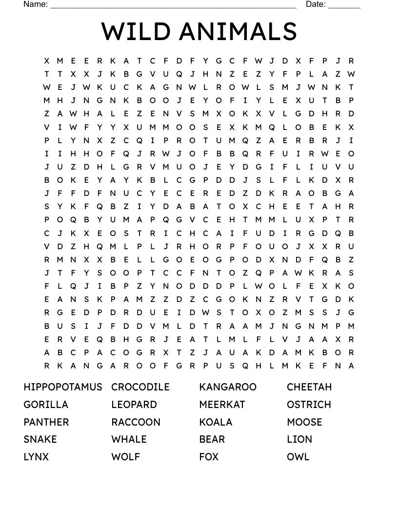WILD ANIMALS Word Search