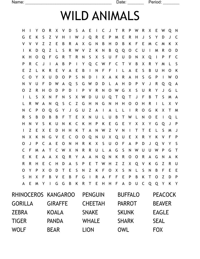WILD ANIMALS Word Search