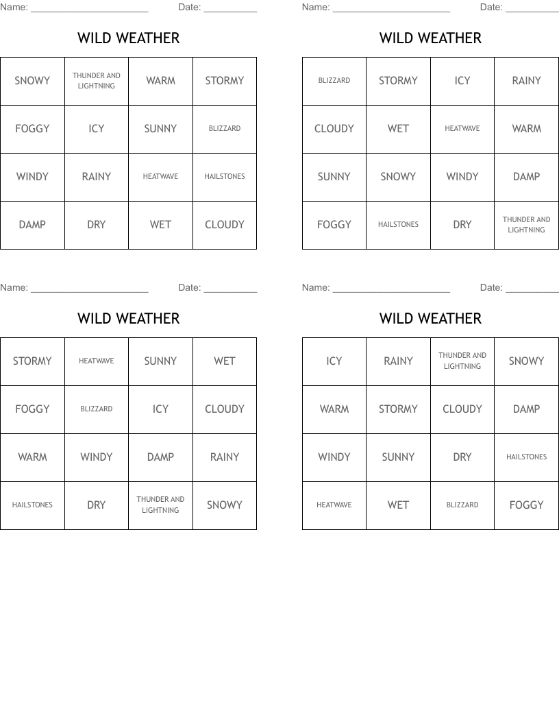 WILD WEATHER Bingo Cards