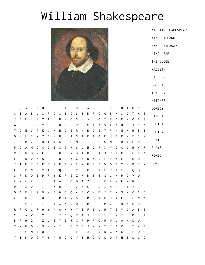 William Shakespeare Word Search