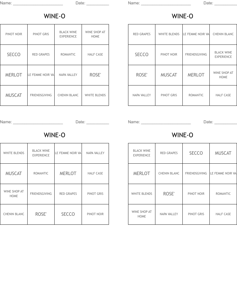 WINE-O Bingo Cards